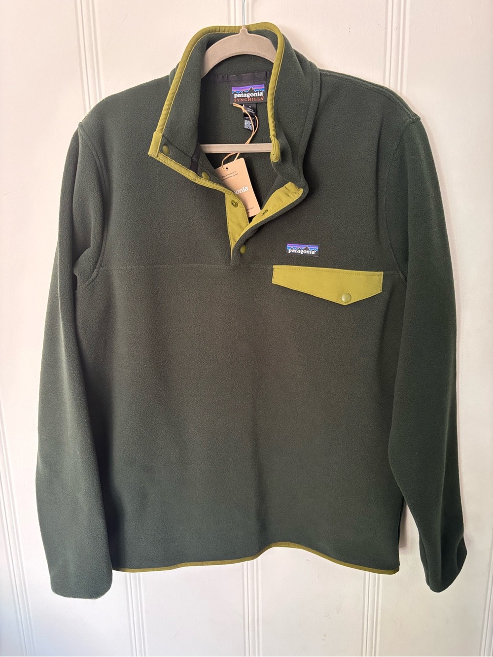 Patagonia Men’s Olive Green Fleece Snap-T Pullover with olive green Trim